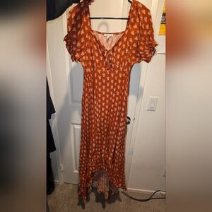 Patrons of Peace Burnt Orange Autumn Maxi Sundress with Puff Sleeves